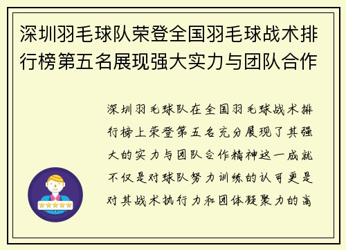 深圳羽毛球队荣登全国羽毛球战术排行榜第五名展现强大实力与团队合作精神
