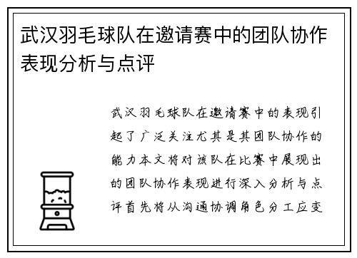 武汉羽毛球队在邀请赛中的团队协作表现分析与点评