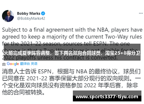 火箭完成夏季阵容调整，签下两名双向合同球员，淘宝25+8得分卫